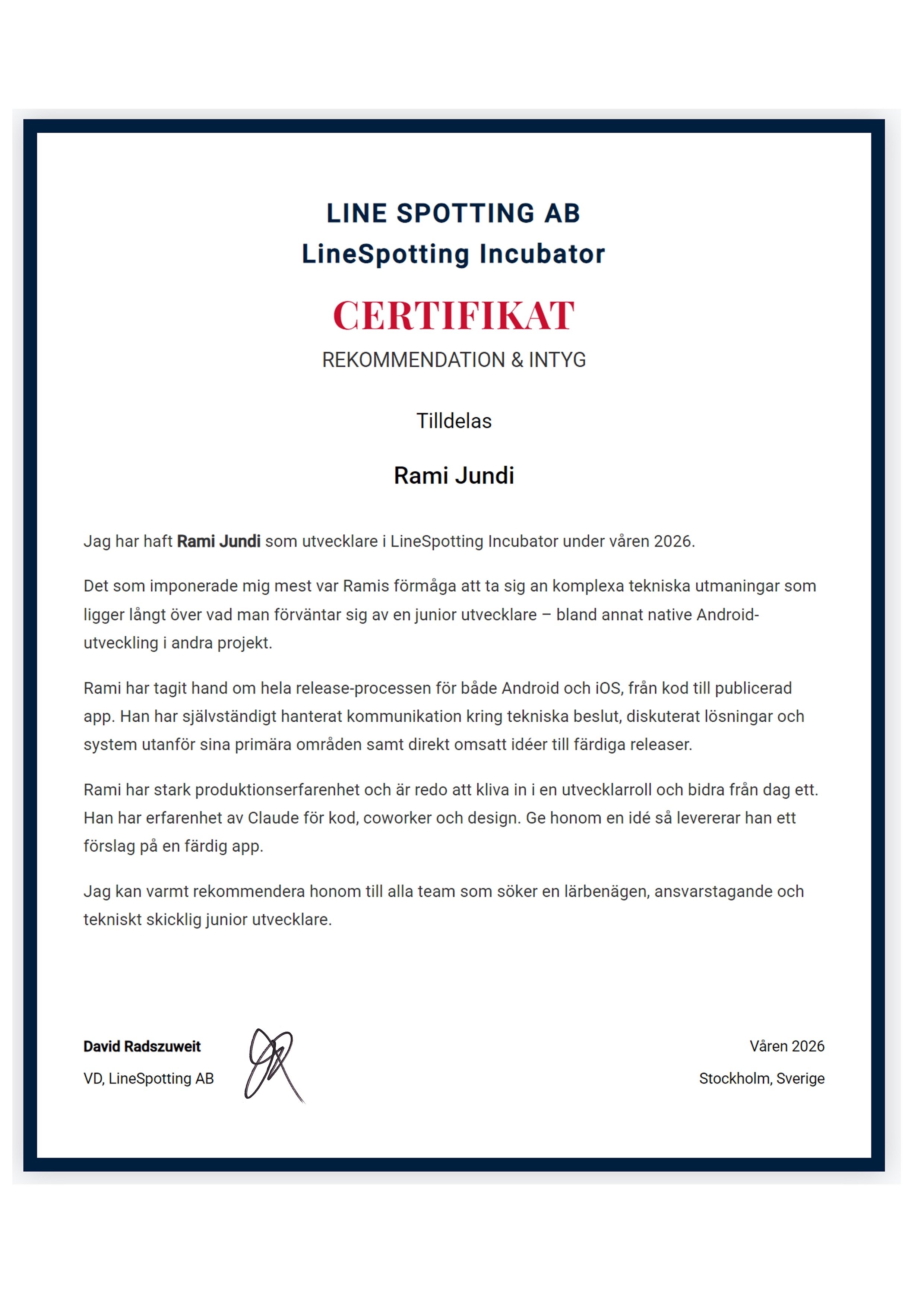 Certifikat signerat av David Radszuweit, VD LineSpotting AB